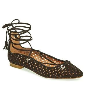 Halogen Nella Ghillie Black Suede Perforated Lace Up Flats